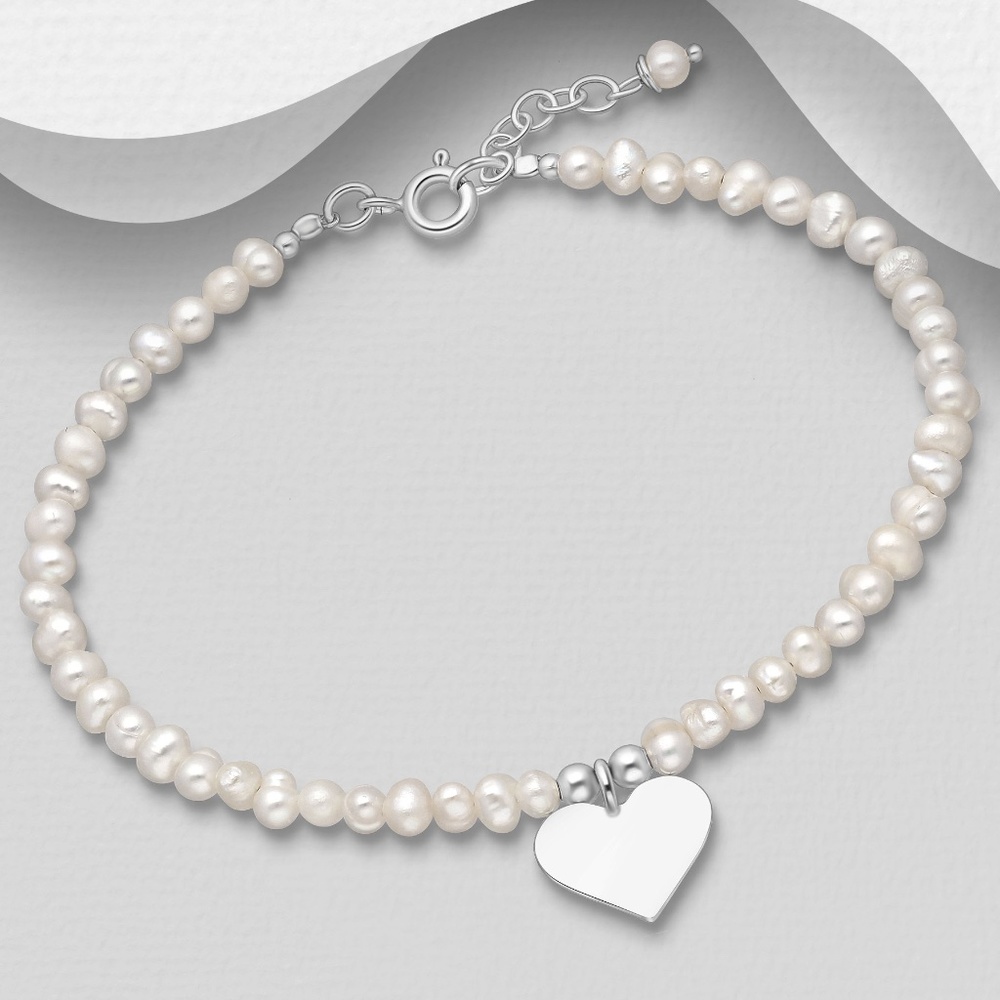 New 925 Sterling Silver Heart Bracelet Beaded with Freshwater Pearls 7"-8" long